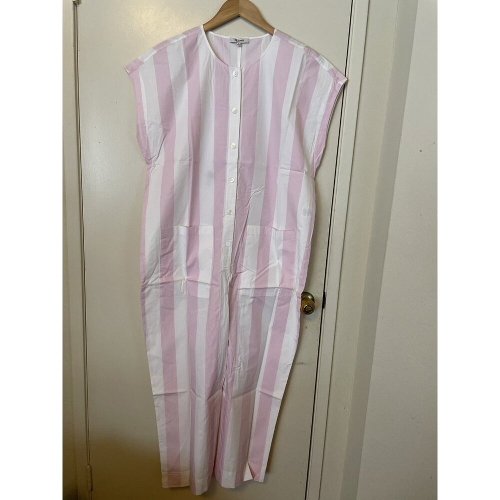New Womens Madewell Coverall Button Jumpsuit Pink White Striped Size XL